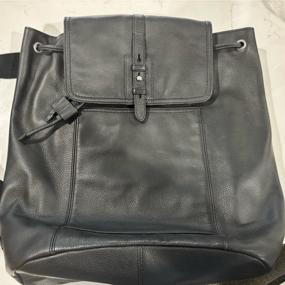 Women's Black Leather Drawstring Backpack with Flap